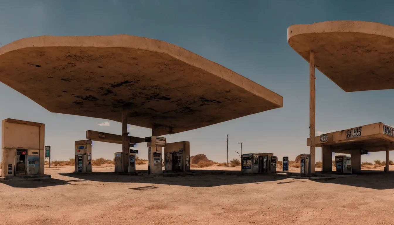 Image similar to abandoned gas station in middle of desert, ambient, futuristic, glowing, very detailed, colourfull, 4 k