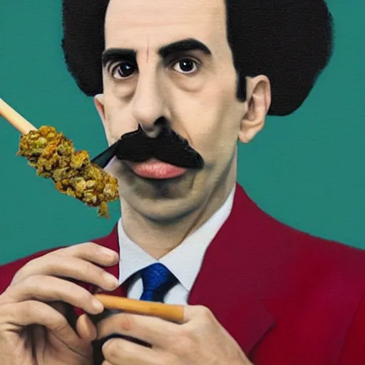 Image similar to A portrait of borat sagdiyev smoking a rolled marijuana joint, 8k, hyper realistic