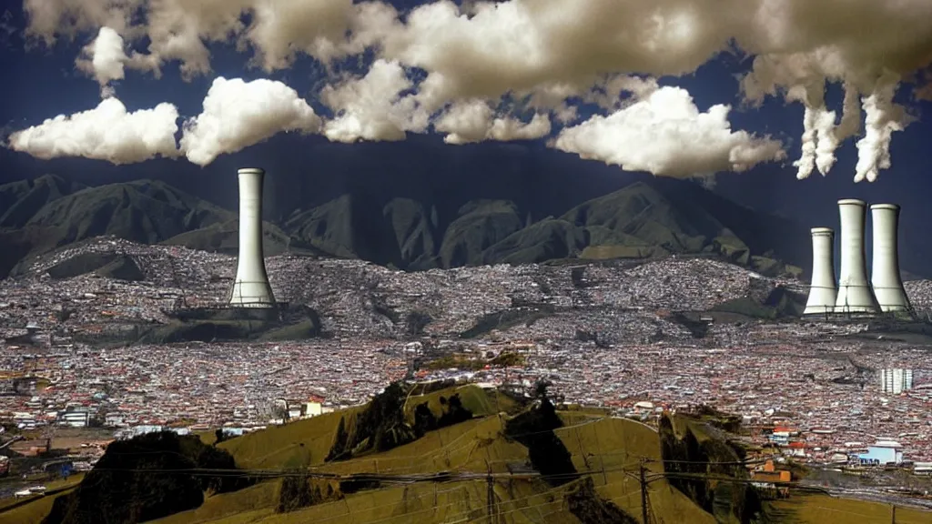 Image similar to Abundant, Nuclear Energy in Harmony with Nature; Location: Quito, Ecuador; retro-natural-futurism;