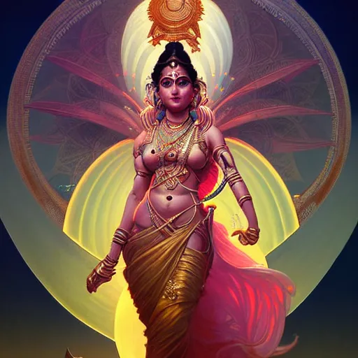 Image similar to futuristic lakshmi, laxmi Indian Goddess, sci-fi, fantasy, intricate, beautiful, elegant, attractive, indian goddess, highly detailed, digital painting, artstation, concept art, smooth, sharp focus, illustration, art by artgerm and greg rutkowski and alphonse mucha