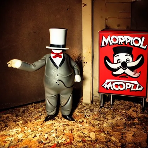 Image similar to Creepy Mr Monopoly animatronic, rusted and abandoned, far away, dark, ominous lighting
