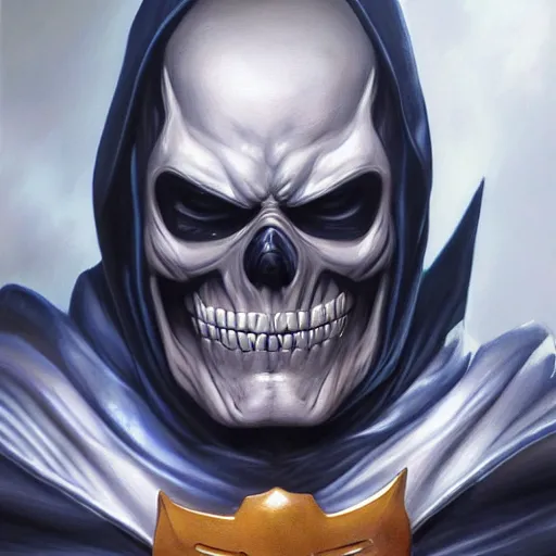 Image similar to ultra realistic portrait painting of skeletor as batman, art by stanley artgerm, 4 k, ultra realistic, highly detailed, epic lighting