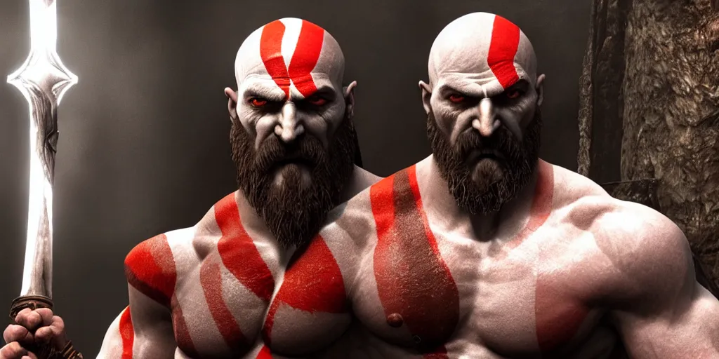 Image similar to kratos the god of war looking in the mirror, cinematic composition and lighting