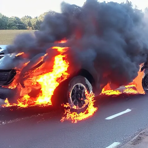 Image similar to drone footage of a car fire, photo realistic, award winning