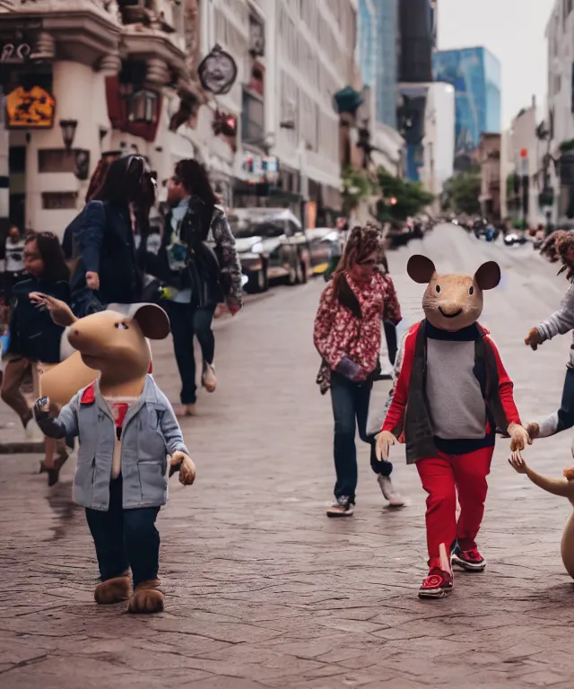 Image similar to high quality presentation photo of cute anthropomorphic mice eating cheese with small people walking around them, photography 4k f1.8 anamorphic bokeh 4k Canon Nikon