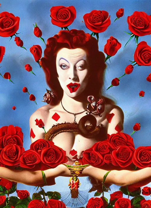 Prompt: the queen of hearts is angry about her red roses, yelling at card men painters in wonderland, by salvador dali, highly detailed matte painting, 8 k resolution