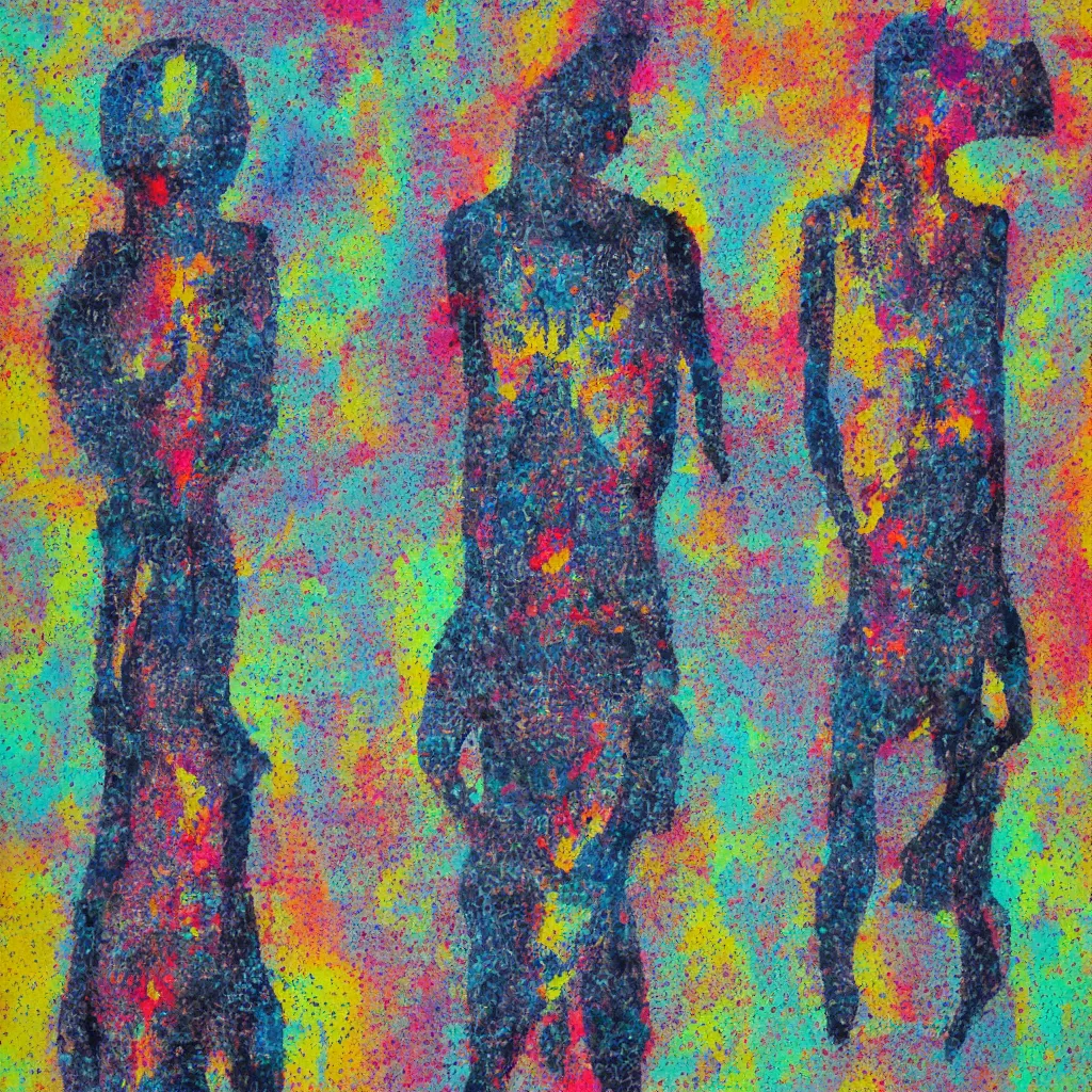 Image similar to two human figures anxiety, smiling, abstract, maya bloch artwork, ivan plusch artwork, cryptic, lines, stipple, dots, abstract, geometry, splotch, concrete, color tearing, uranium, acrylic, hints of color, pitch bending, faceless people, dark, ominous, eerie, minimal, points, technical, painting