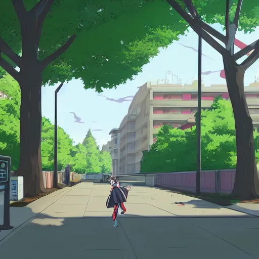 Prompt: private academy entrance, boulevard, dense trees, building in the distance, overhanging branches, long road, cel - shading, anime, flcl, jet set radio future