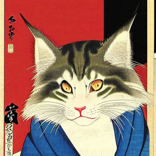 Image similar to beautiful portrait ukiyo - e painting of an ginger maine coon by kano hideyori, kano tan'yu, kaigetsudo ando, miyagawa choshun, okumura masanobu, kitagawa utamaro