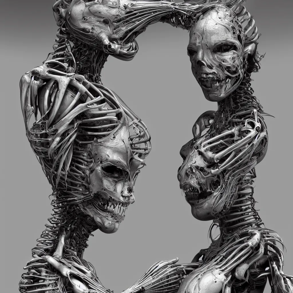 Image similar to a beautiful female is infected with a biomechanical suit, octane render, hyper realistic, art by hr giger, full profile, multiple angles