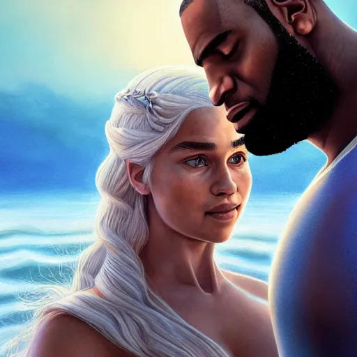 Image similar to beautiful serene intricate portrait of daenerys targaryen and lebron james taking a selfie, smiling softly, relaxing on the beach, golden hour, soft focus, 8 k, art by irakli nadar, hyperrealism, hyperdetailed, ultra realistic