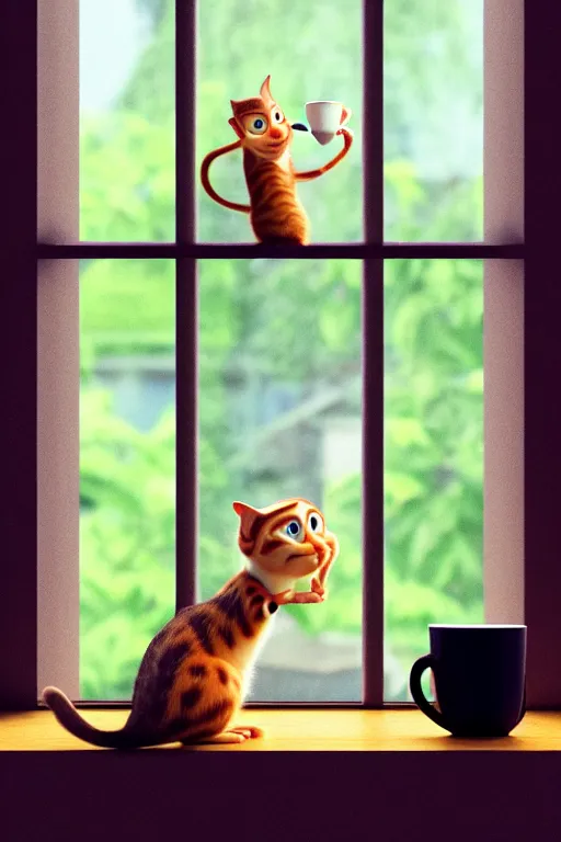 Image similar to beautiful cat holding one cup of coffee at house window. Pixar Disney 4K 3d render funny animation movie Oscar winning trending on ArtStation and Behance. Ratatouille style.