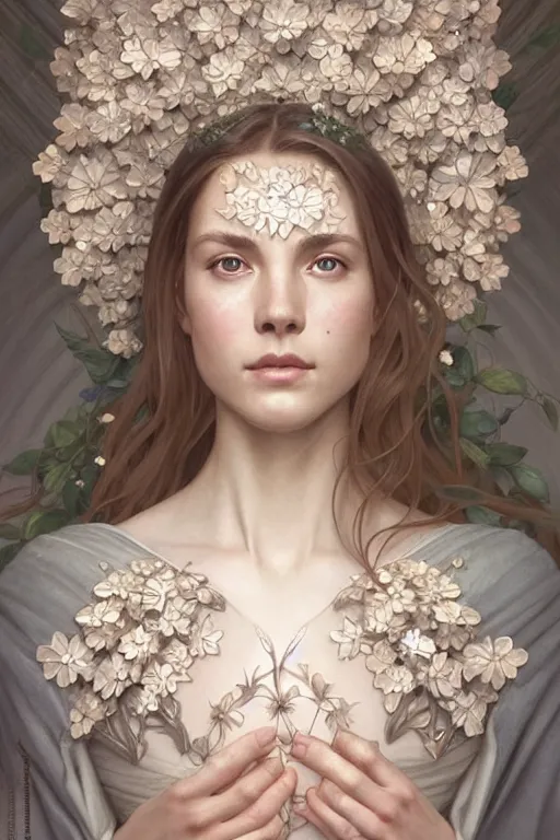 Image similar to symmetry!! full body portrait!!!! of a beautiful!!!! delicate elegant nordic shield maiden, pretty face!!!!, flower petals, intricate, elegant, highly detailed, digital painting, artstation, concept art, smooth, sharp focus, illustration, art by artgerm and greg rutkowski and alphonse mucha, 8 k