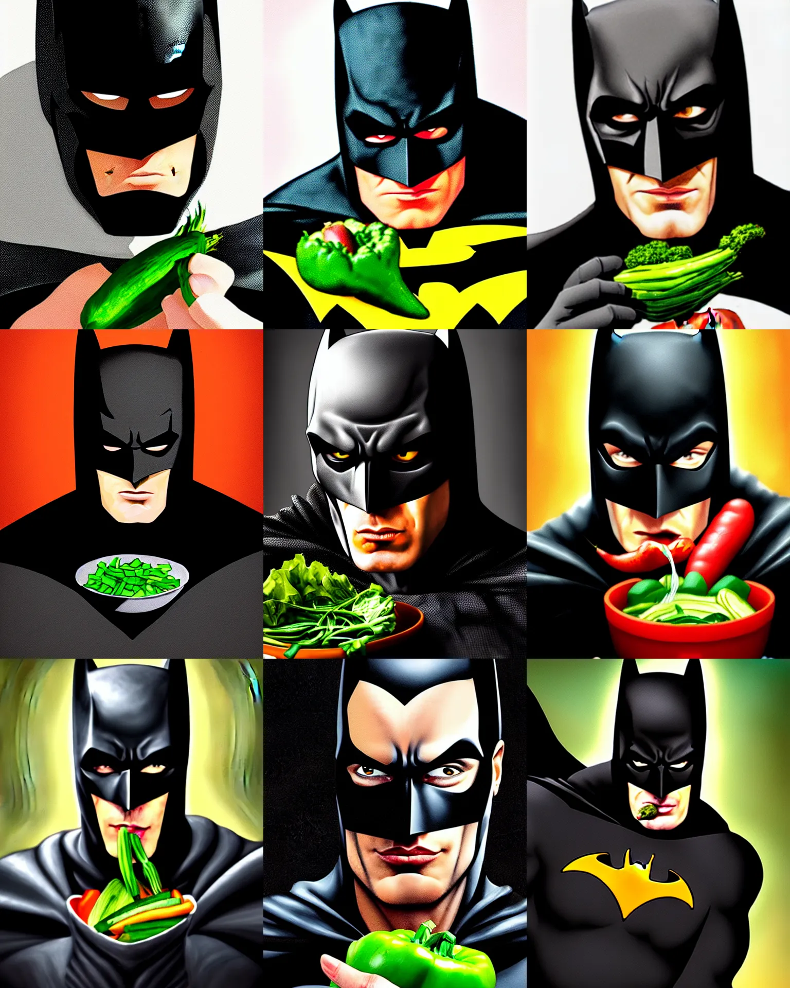 Prompt: A stunning portrait of Batman eating vegetable, masterpiece, Trending on Artstation, 8K