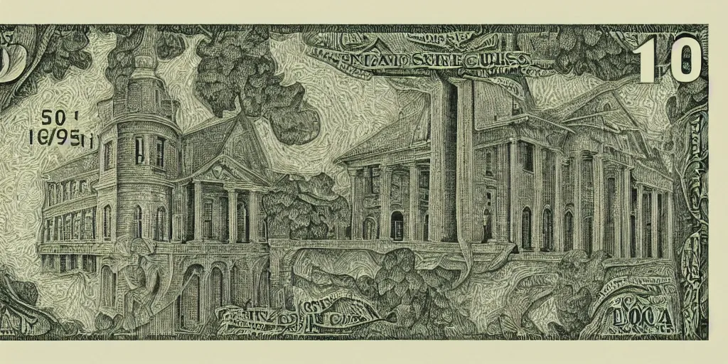 Prompt: 100 US Dollar bill, engraving by M.C. Escher, 1961