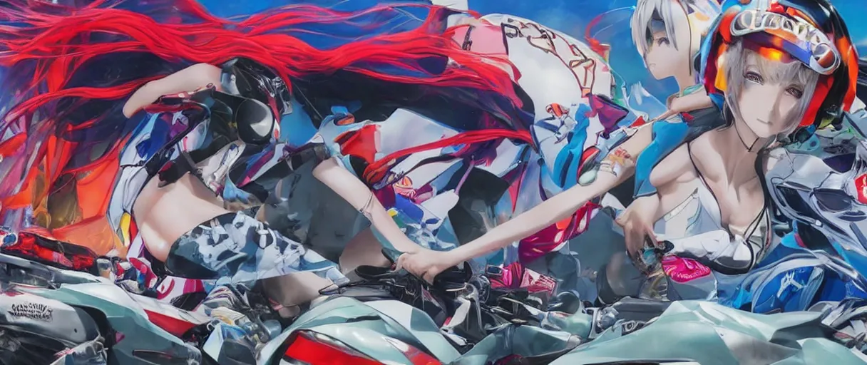 Image similar to billboard advertisement with an extremely beautiful photo of a white marble statue of an anime girl with colorful motocross logos and motorcycle helmet with closed visor, colorful smoke in the background, carved marble statue, fine art, neon genesis evangelion, virgil abloh, offwhite, denoise, highly detailed, 8 k, hyperreal