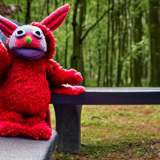 Image similar to an extremely fluffy muppet with rabbit ears and wearing a dark ninja robe with a red belt and practicing her meditation in nature on a park bench, photorealistic, photography, ambient occlusion, rtx, national geographic, sesame street