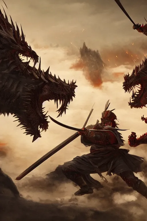 Prompt: a close up shot of the most epic samurai battle in history. Ancient dragons slaughtering samurai. Two samurai dueling, many dead with Sashimono. Greg rutkowski legendary matte painting.. 4k, particles light,
