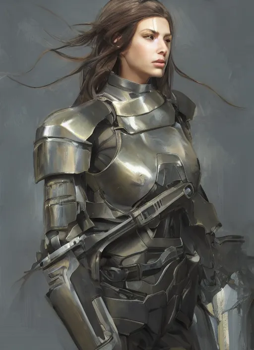 Image similar to a professional painting of a beautiful young female, clothed in military armor, olive skin, long dark hair, beautiful bone structure, symmetrical facial features, intricate, elegant, digital painting, concept art, smooth, sharp focus, illustration, from Metal Gear, by Ruan Jia and Mandy Jurgens and Artgerm and William-Adolphe Bouguerea