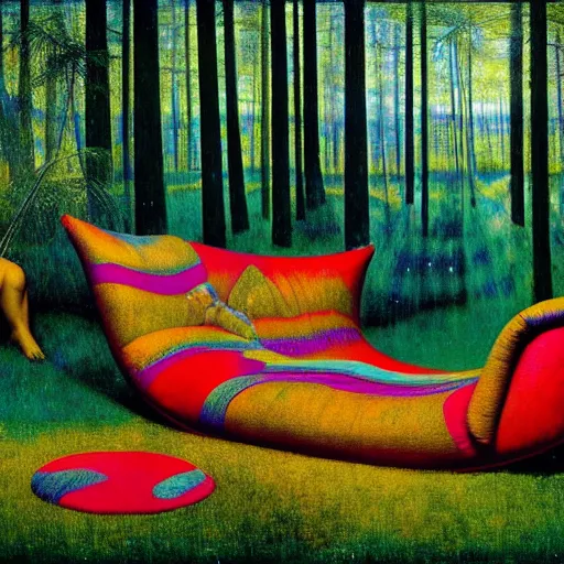 Image similar to psychedelic couch sofa in the lush pine forest, milky way, designed by arnold bocklin, jules bastien - lepage, tarsila do amaral, wayne barlowe and gustave baumann, cheval michael, trending on artstation, cinematic, star, sharp focus, colorful refracted sparkles and lines, soft light, 8 k 4 k