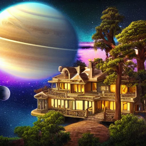 Prompt: fancy treehouse style mansion on saturn with view overlooking planet rings and space galaxy nebula background, luminescent detailed oil painting 4 k