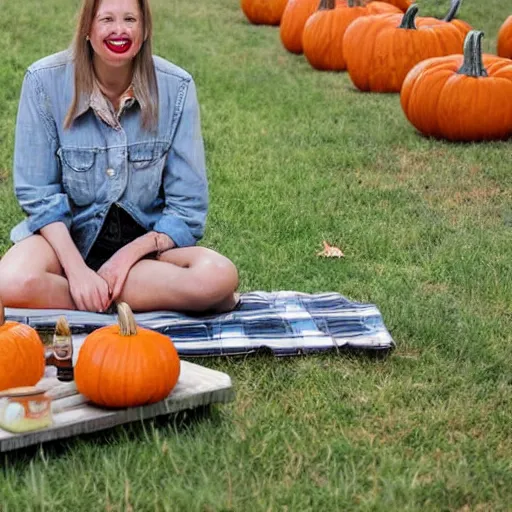 Image similar to A newspaper photo of a Caucasian woman sitting on a picnic table painting a funny face on a pumpkin