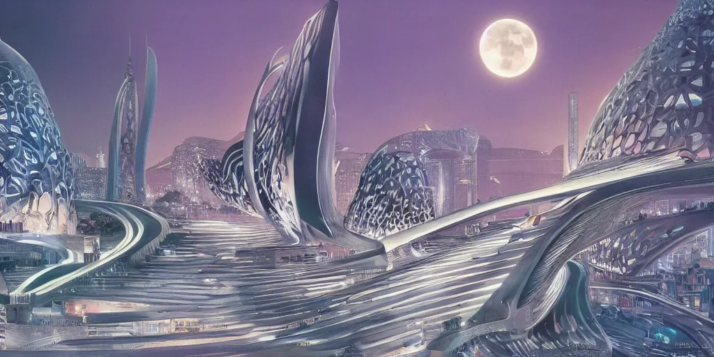 Prompt: fantasy city with moon by zaha Hadid with crowded street trending on artsation