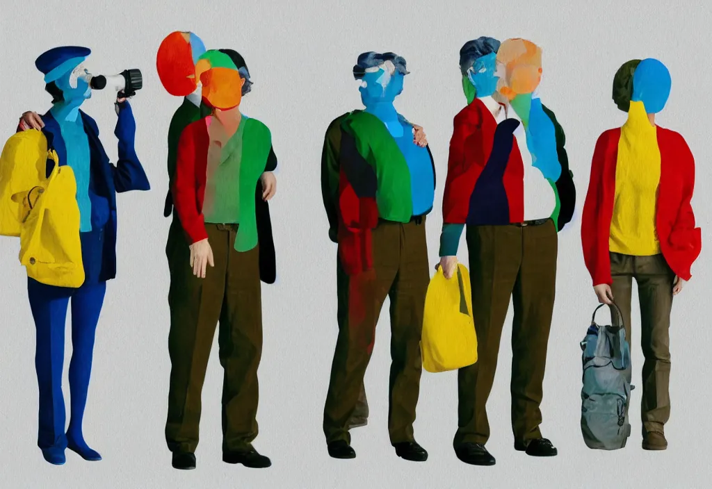 Image similar to full body portrait of a trio of european tourists with nikon cameras, character designs painting, in the style of wes anderson, rene magritte, lola dupre, david hockney, isolated on white background, dark monochrome neon spraypaint accents volumetric octane render