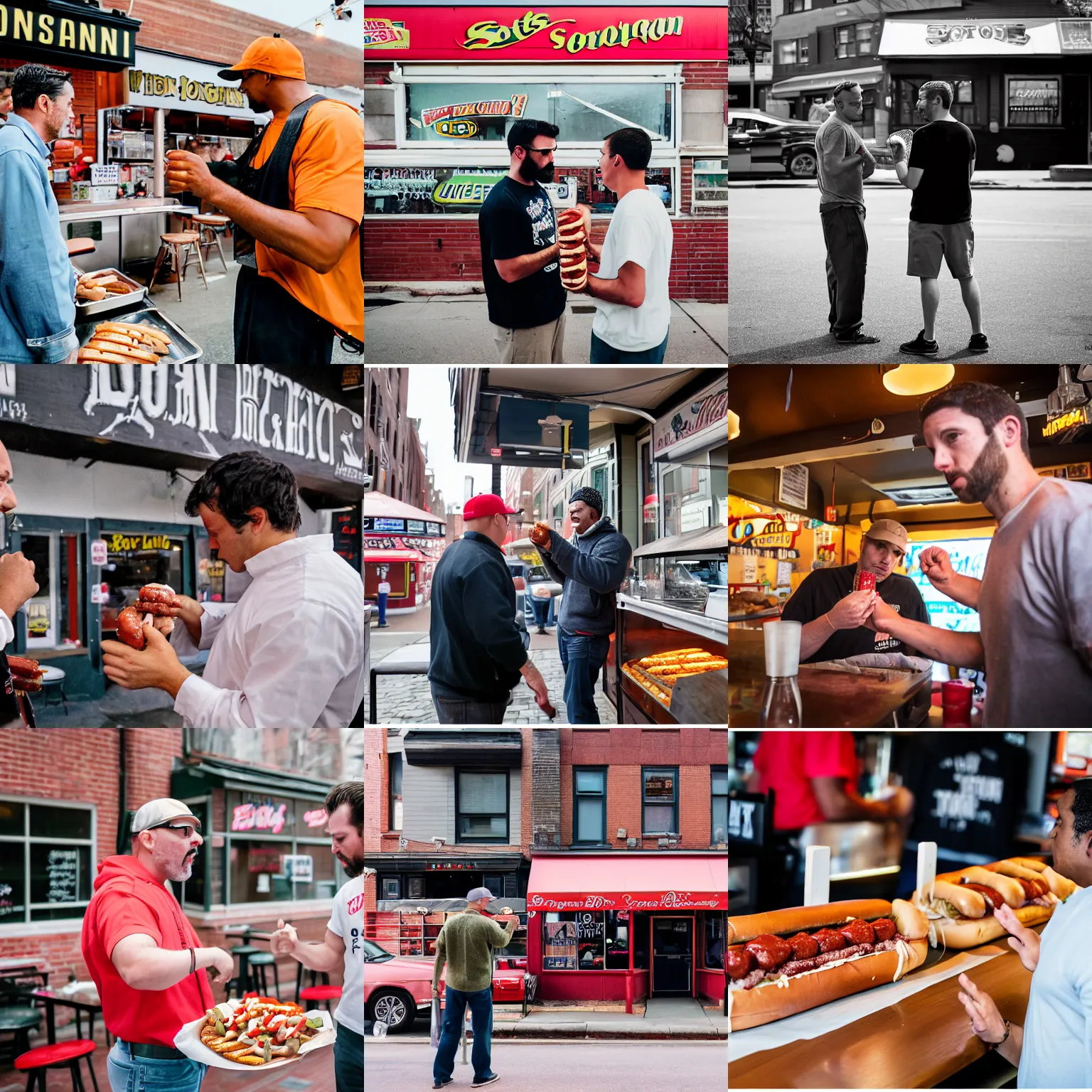 Prompt: Two boston men argue about which local establishment has the best hotdog, cinematography by Tod Campbell, film grain, EOS-1D, f/1.4, ISO 200, 1/160s, 8K, RAW