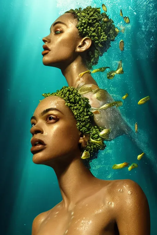Image similar to hyperrealistic precisionist cinematic half underwater scene with fish and algae, very expressive! translucent elegant african goddess getting out of water, gold jewerly, highly detailed face, digital art masterpiece, aykut aydogdu zener, dramatic volumetric light, long shot, low angle uhd 8 k, sharp focus