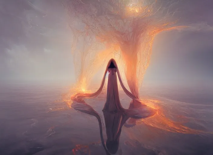 Prompt: ocean of canvas that catches fire, ethereal, awe, marble of white stones, concept art, art nouveau, inspired by reylia slaby, peter gric, trending on artstation, volumetric lighting, intricate, ornate, cgsociety