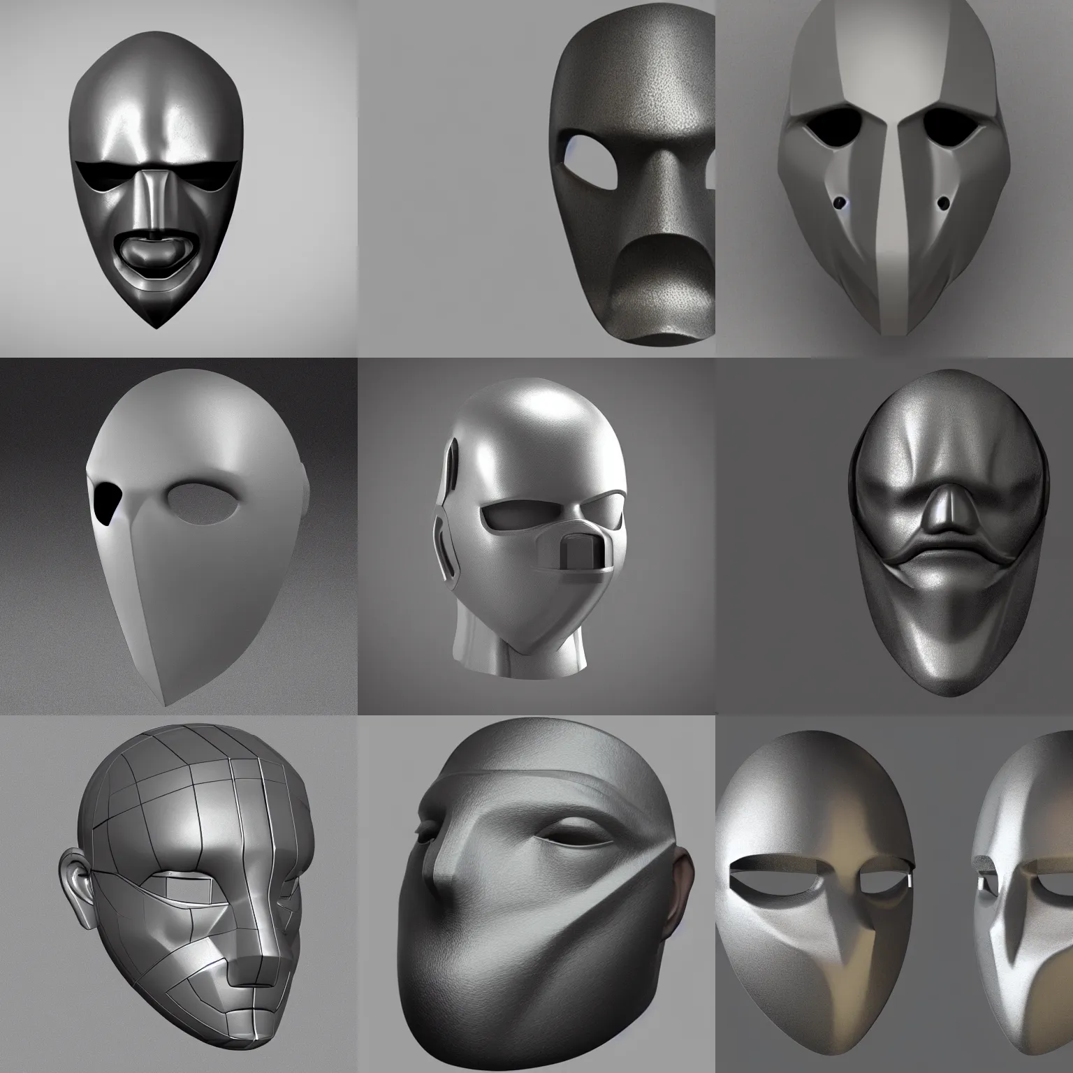 Image similar to concept design for a solid plate featureless metallic mask, 3 d render, volumetric lighting, unreal engine