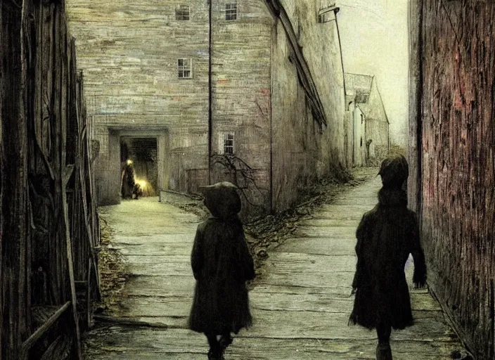 Prompt: dark alley full of poor children who live on the street, painting by andrew wyeth and alan lee, very detailed, somber mood,