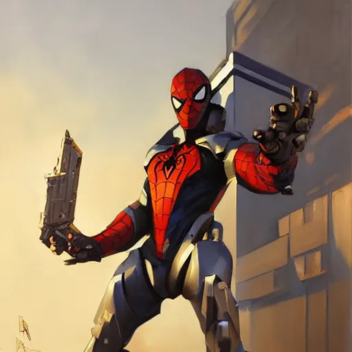 Image similar to greg manchess portrait painting of armored spiderman as overwatch character, medium shot, asymmetrical, profile picture, organic painting, sunny day, matte painting, bold shapes, hard edges, street art, trending on artstation, by huang guangjian, gil elvgren, ruan jia, greg rutkowski, gaston bussiere