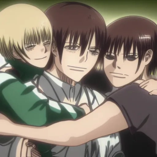 Image similar to Eren Jaeger, Armin, and Mikasa hugging