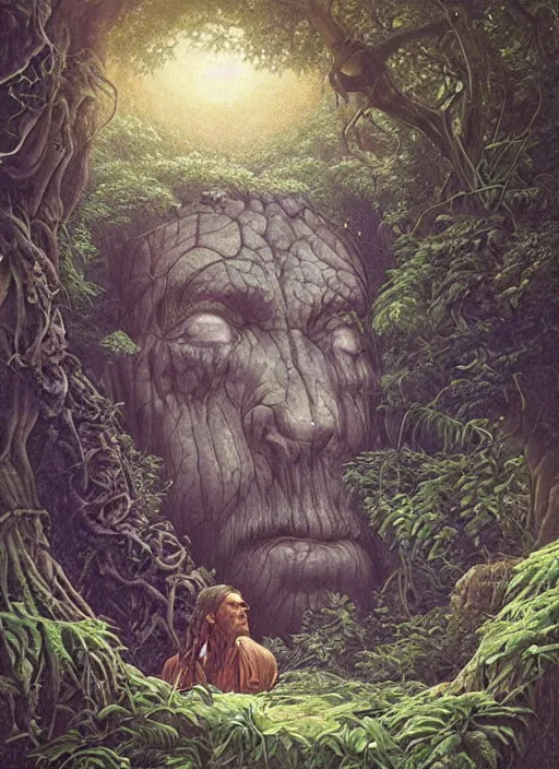 Prompt: a shaman sitting in the jungle, a tree behind him with a giant face of an old man in the trunk, hyper detailed, high contrast, art by christophe vacher