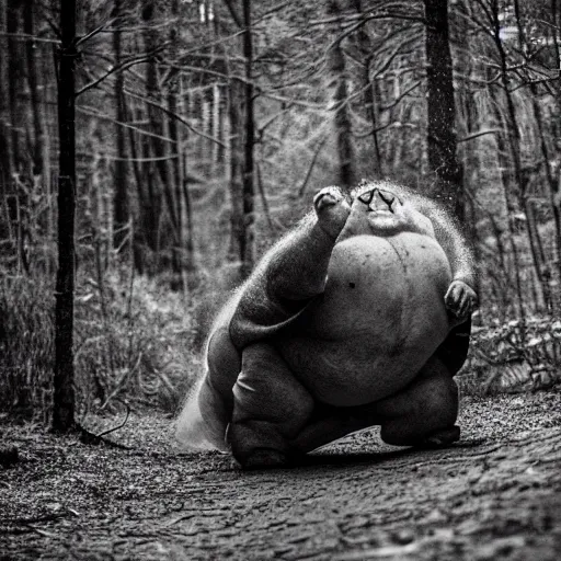 Image similar to photo of a scary horror obese monster roaring in the dark woods