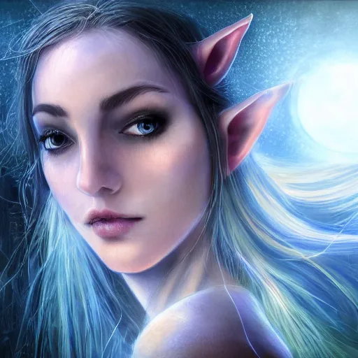 Prompt: masterpiece digital painting realistic portrait of beautiful elf goddess, 3 0 years woman, close face view, soft face, moonlight, elf forest background, at night, by luis royo, artstation, deviantart, unreal engine, 8 k, cinematic lights, dark blue purple tones, aura effects, light sparks