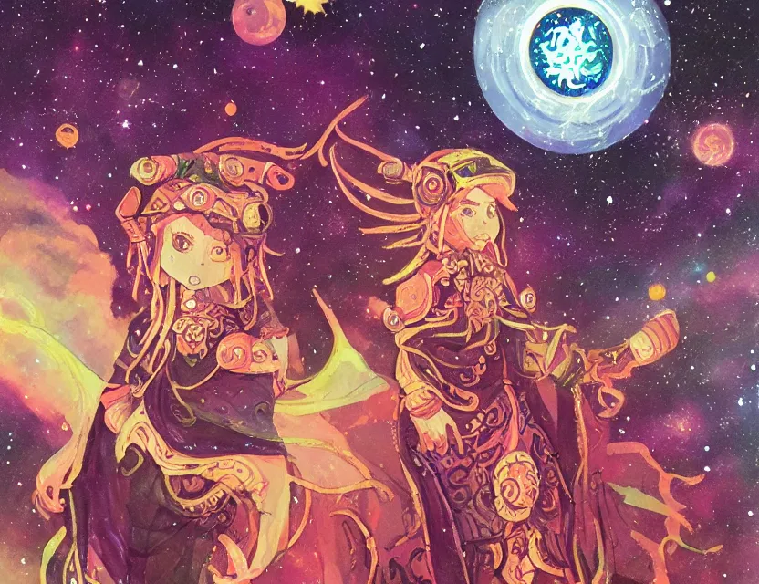 Image similar to priestess of space pigs. gouache painting by award - winning mangaka, chiaroscuro, bloom, backlighting, intricate details