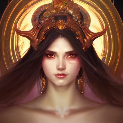 Image similar to perfectly - centered portrait of demon goddess, beautiful, gorgeous, cute, amazing, highly detailed, professional digital painting, unreal engine 5, photorealism, hd quality, 8 k resolution, cinema 4 d, 3 d, cinematic, art by artgerm and greg rutkowski and alphonse mucha and loish and wlop