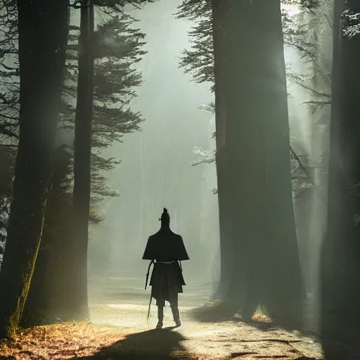 Image similar to a samurai walks alone through the woods at day, bright, sunny, atmospheric, cinematic lighting, intricate detail?