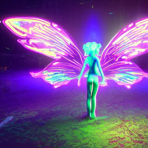 Image similar to neon fluorescent, iridescent cute bunny rabbits with fairy wings cyperpunk 2 0 7 7, unreal engine 5, 8 k ultra realistic, hyperdetailed, volumetric lighting, extremely high quality