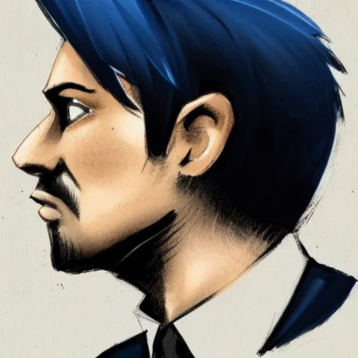 Prompt: concept art of a man with navy blue hair