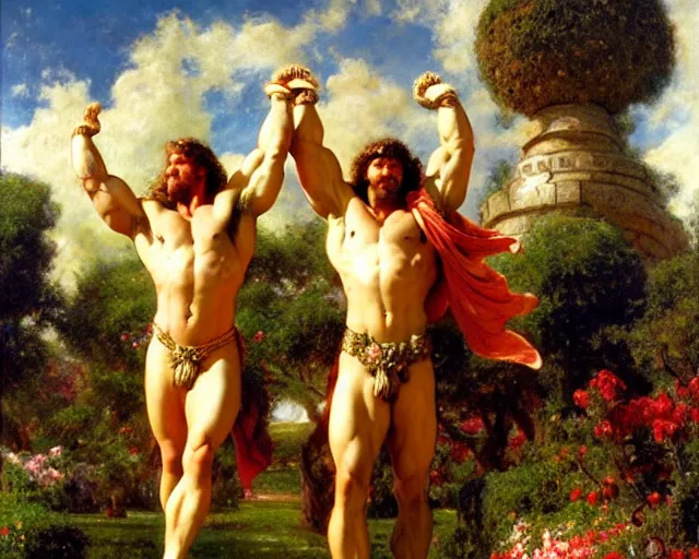 Prompt: muscular hercules and muscular achilles frolic in a meadow of beautiful flowers, large topiary and marble pillars in the background, painting by gaston bussiere, craig mullins, j. c. leyendecker, tom of finland