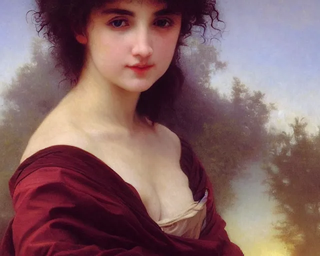 Prompt: beautiful glorious realistic oil painting of young enya, bokeh, baroque style by bouguereau, sunset, highly detailed and photorealistic, 8 k high detail and intricate