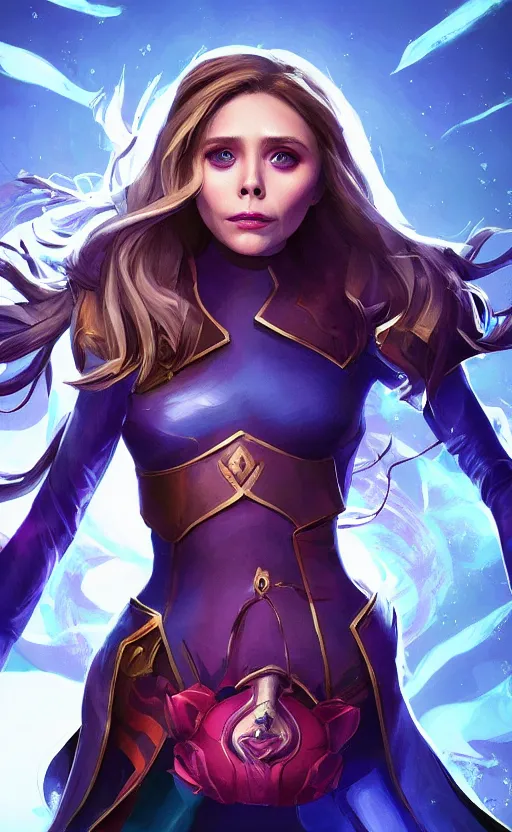 Image similar to Elizabeth Olsen as a character in the game League of Legends, with a background based on the game League of Legends, detailed face, old 3d graphics