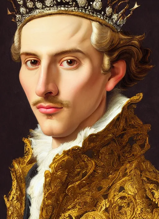 Image similar to close-up portrait of anthropomorphic Prince with a head of barn owl, in a crown, bokeh, blurred space, stars, dreamy, romantic, painting in the museum, highly detailed, sharp focus, digital painting, artwork, by John James Audubon by Victor Adame Minguez by Yuumei by Tom Lovell by Sandro Botticelli