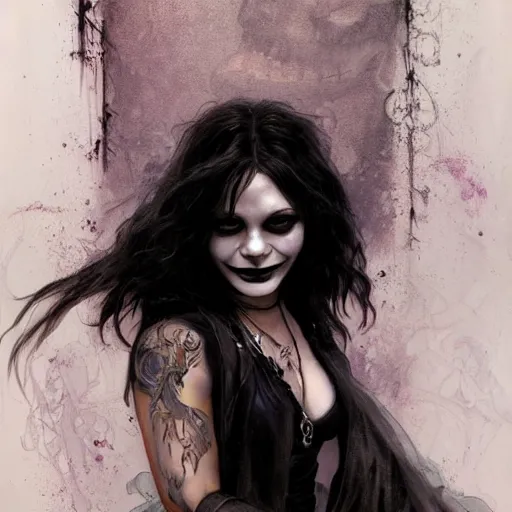 Image similar to beautiful portrait of vanessa hudgens as death from sandman, smiling, by cedric peyravernay, alphonse mucha, by jeremy mann, by lecouffe deharme, goth chic, soft lightning, eyeliner, punk rock, high detailed, 8 k