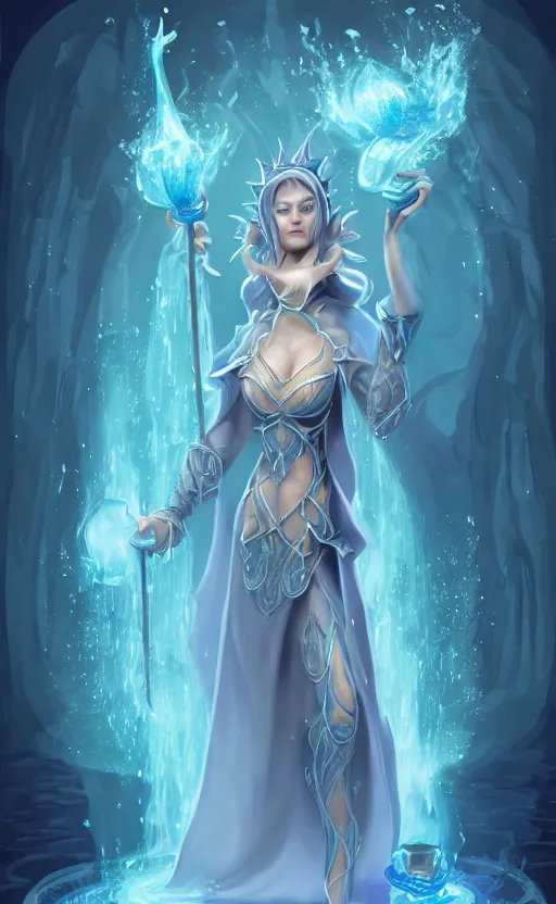 Image similar to elf female sorcerer doing water magic spells, blue robes, exquisite details, full body character design on a white background, by studio muti