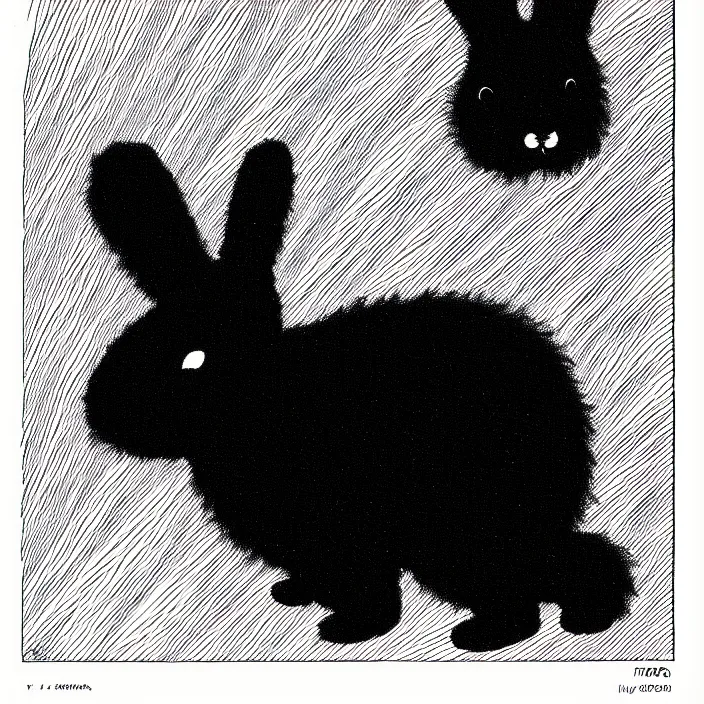 Image similar to a still frame from comic strip, black fluffy hairy furry rabbit on a clean background 1 9 5 0, herluf bidstrup, new yorker illustration, monochrome contrast bw, lineart, manga, tadanori yokoo, simplified,